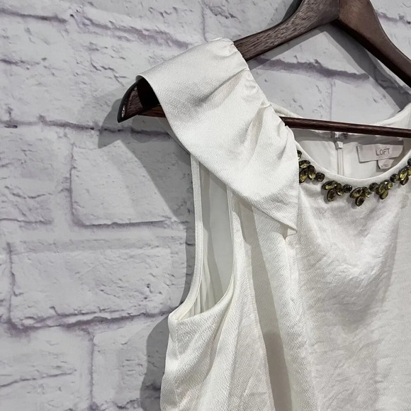 LOFT Size 6 Ivory Jewel Collar Embellishment Neck Flutter Sleeve Party Dress - Picture 7 of 13